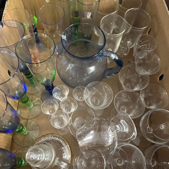 Box Of Vintage Coloured Glass Ware Etc