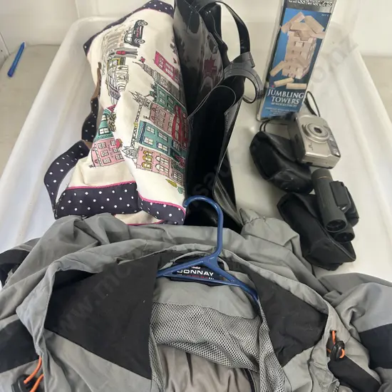 Clear Bin Of Vintage Items Including Camera, Binoculars Etc