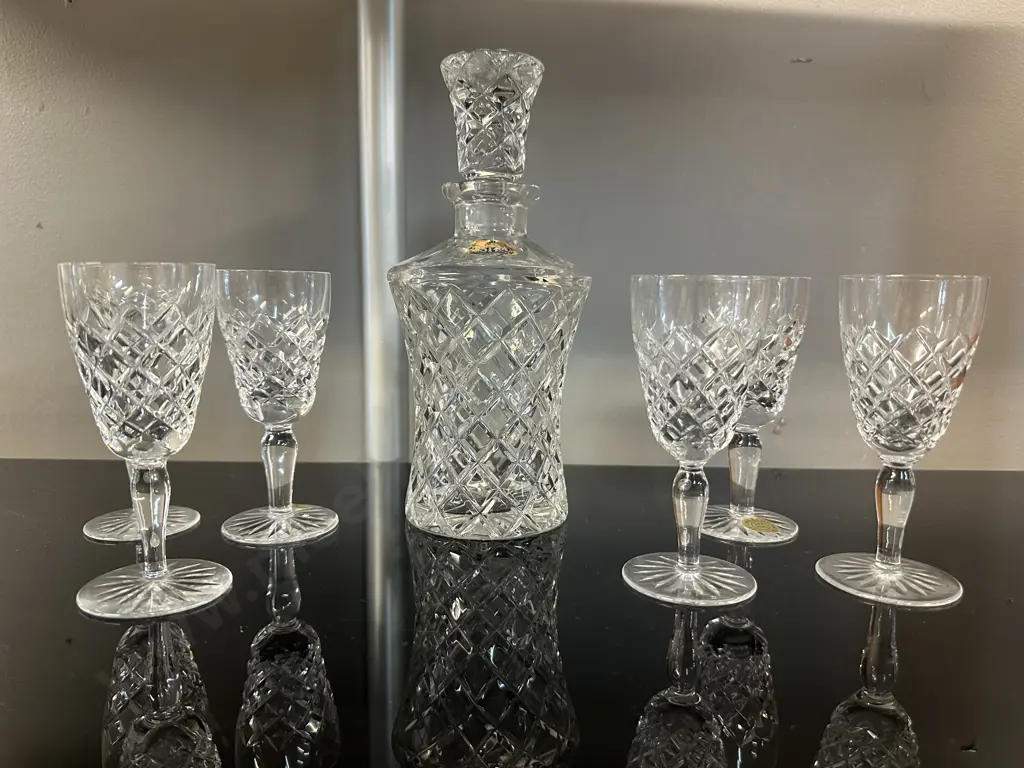 Vintage Astra Crystal Decanter With Six Czechoslovakia Glasses Image 1++