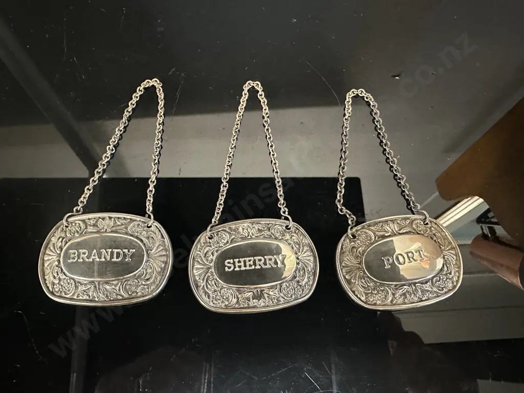 Vintage English Tanthe Silver Plated Decanter Labels Including Brandy, Sherry & Port Image 1++