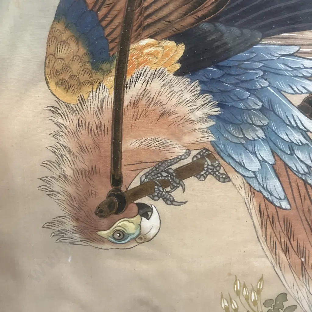 Vintage Chinese Macaw & Blossoms Watercolour On Silk, Framed. 36.5 x 44.5cm Image 1++