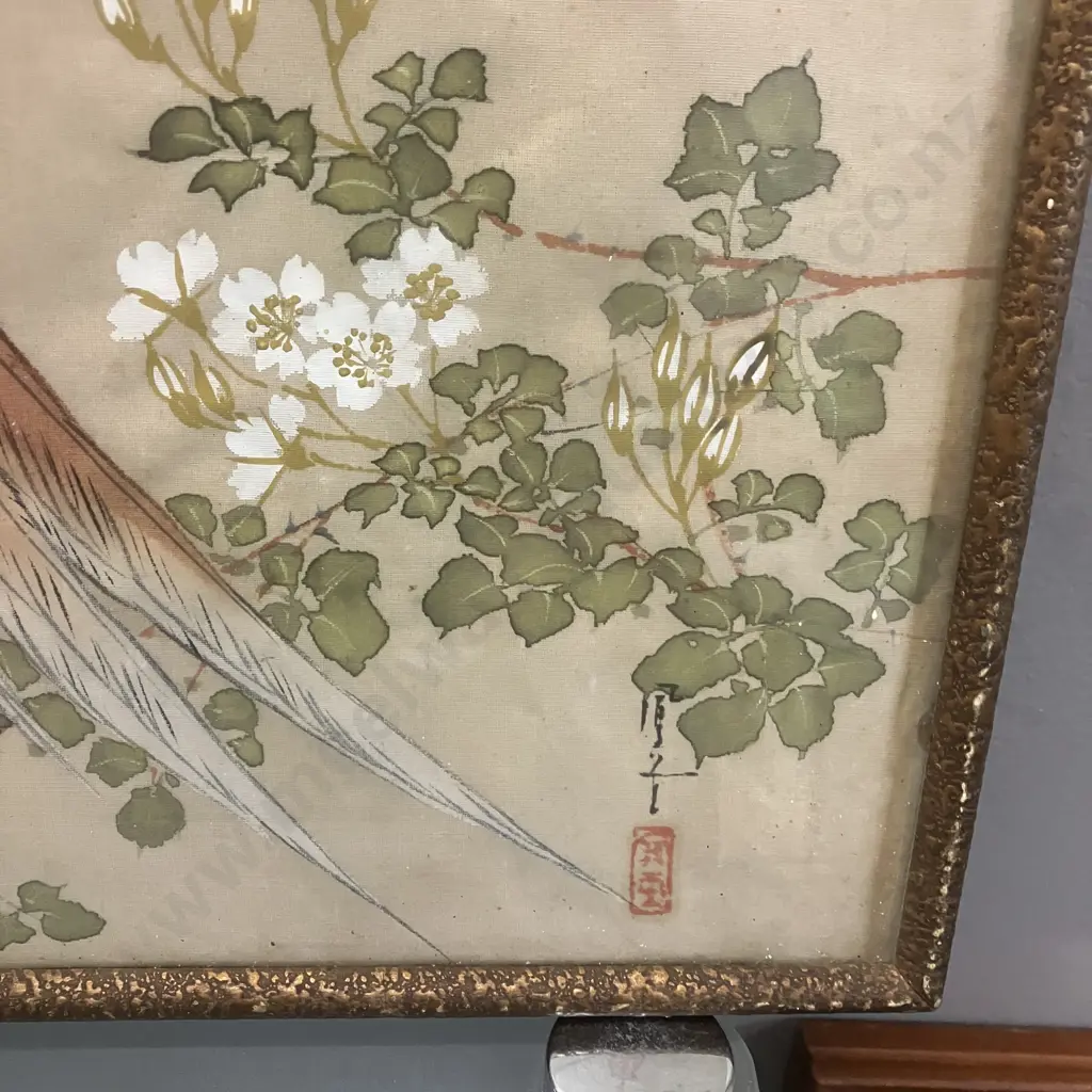 Vintage Chinese Macaw & Blossoms Watercolour On Silk, Framed. 36.5 x 44.5cm Image 1++