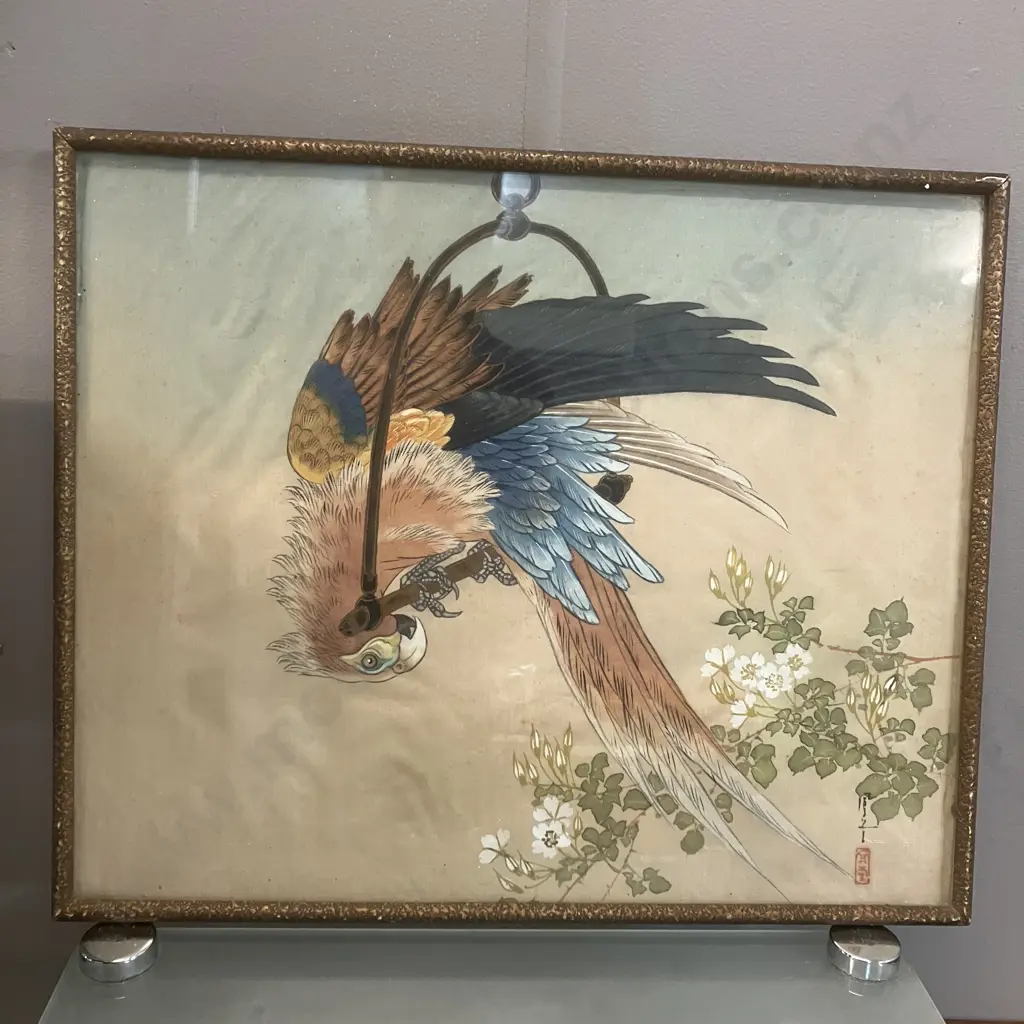 Vintage Chinese Macaw & Blossoms Watercolour On Silk, Framed. 36.5 x 44.5cm Image 1++