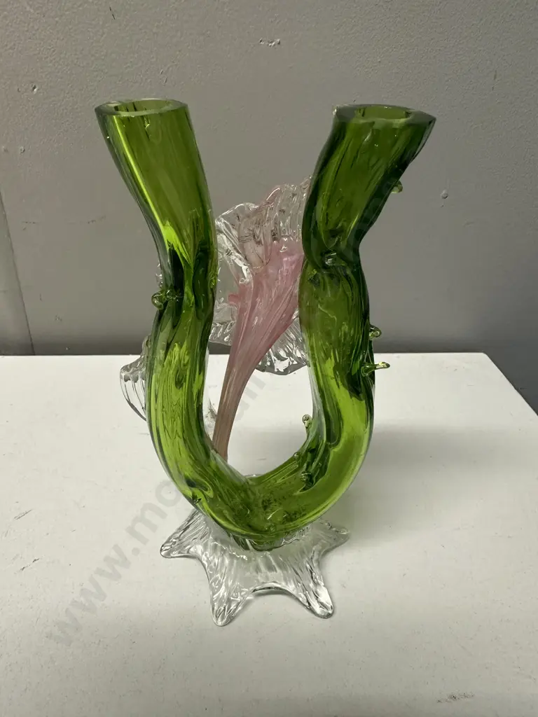 Mid Century Sommerso Murano ? Glass Bud Vase With Pink & Green Colour Scheme H19cm. Image 1++