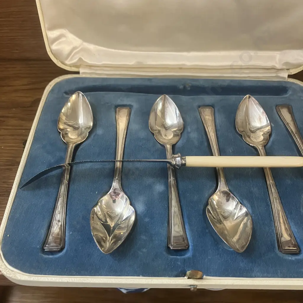 Set of 6 Sterling Silver Grapefruit Spoons, Hallmarked Sheffield 1923, Thomas Bradbury & Sons Image 1++
