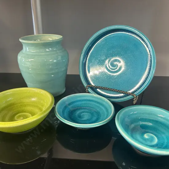 Assorted Tony Sly Pottery Dishes & Signed Pottery Vase
