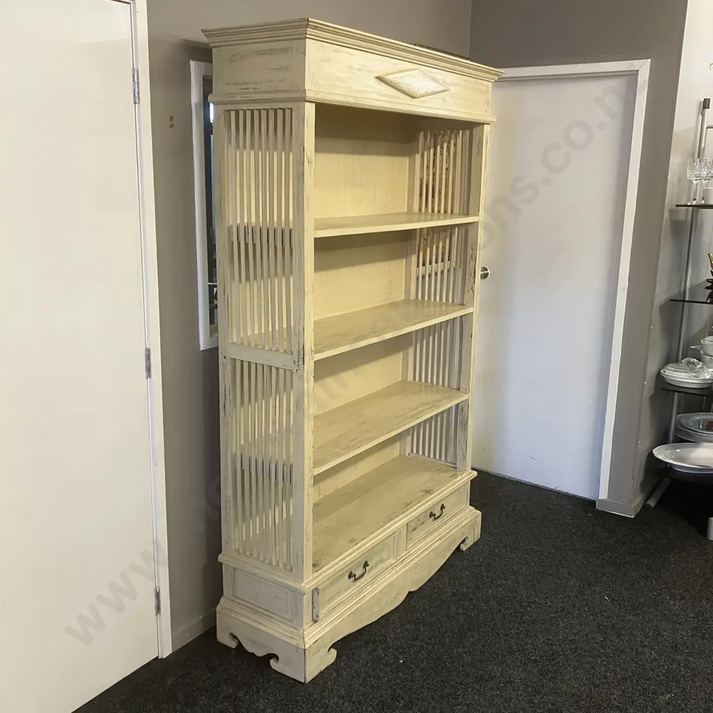 French Provincial Style Cream Painted Bookcase, 3 Fixed Shelves, 2 Drawers In The Base. H196 W124 D39cm Image 1++
