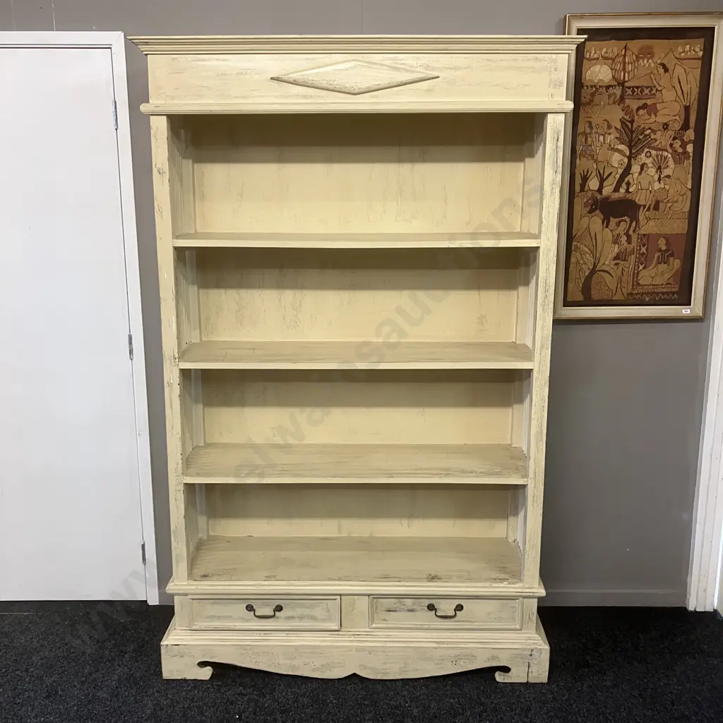 French Provincial Style Cream Painted Bookcase, 3 Fixed Shelves, 2 Drawers In The Base. H196 W124 D39cm Image 1++