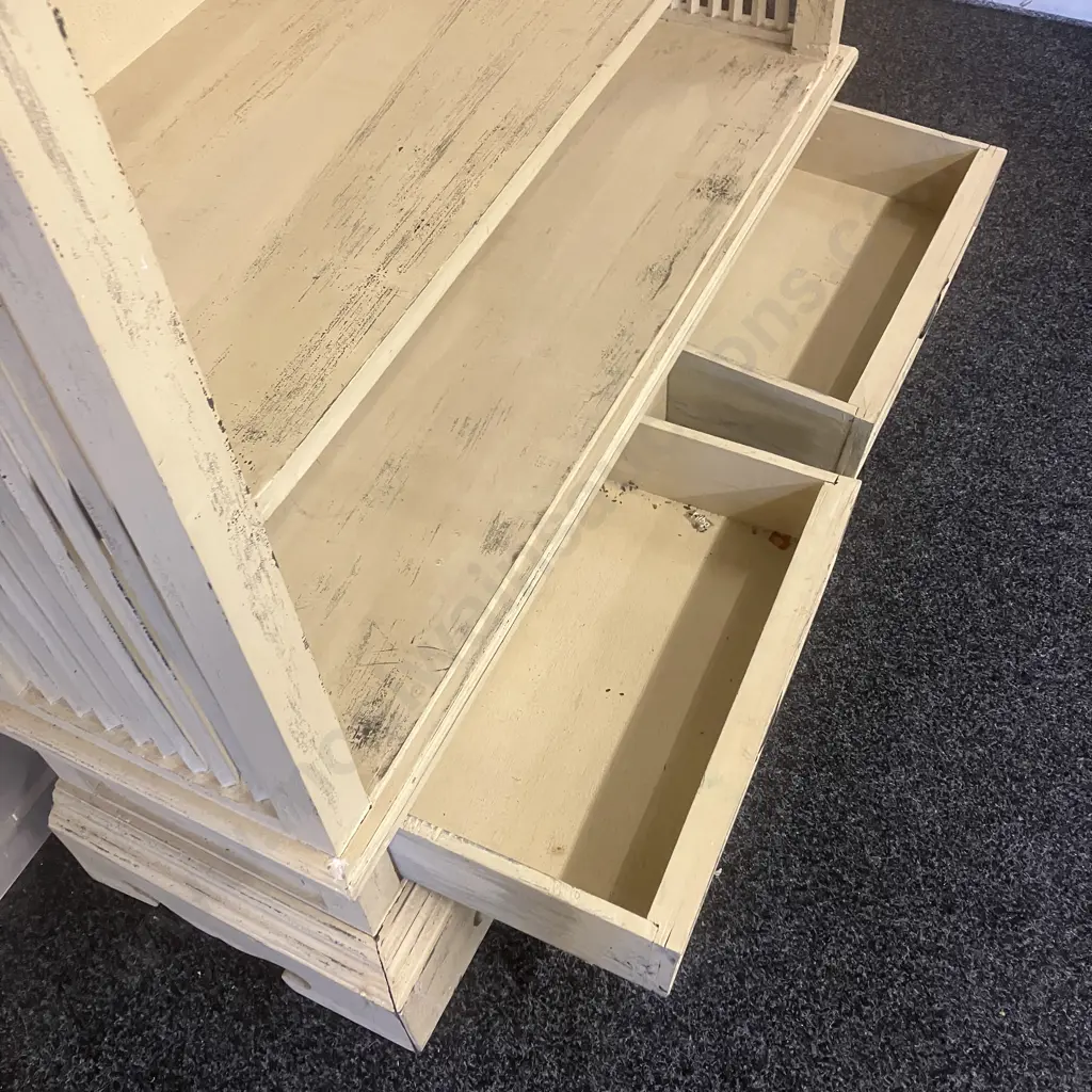 French Provincial Style Cream Painted Bookcase, 3 Fixed Shelves, 2 Drawers In The Base. H196 W124 D39cm Image 1++