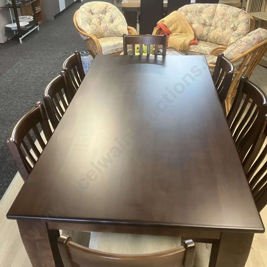 Dark Stained Wooden Rectangular Dining Table (210 x 103cm) With 8 Slat Back Chairs, Green / Cream Flecked Upholstered Image 1++