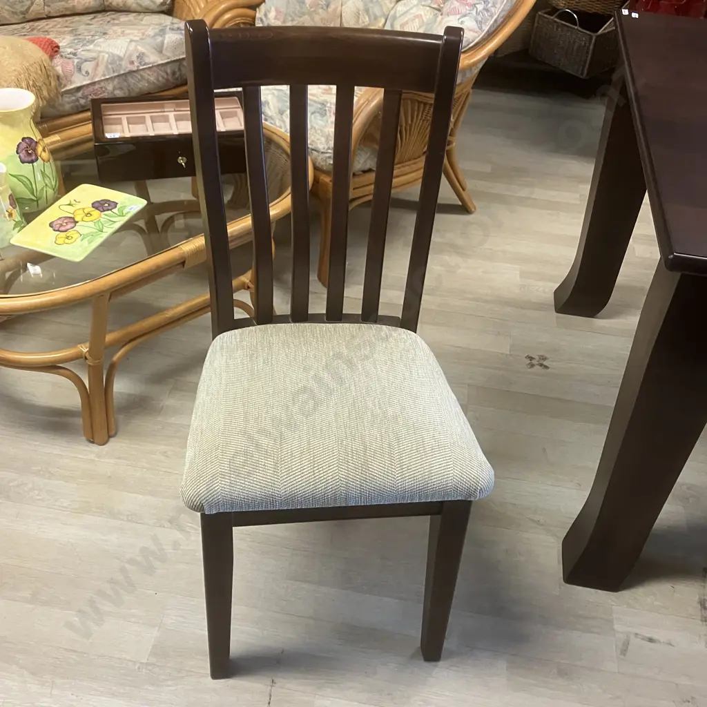 Dark Stained Wooden Rectangular Dining Table (210 x 103cm) With 8 Slat Back Chairs, Green / Cream Flecked Upholstered Image 1++