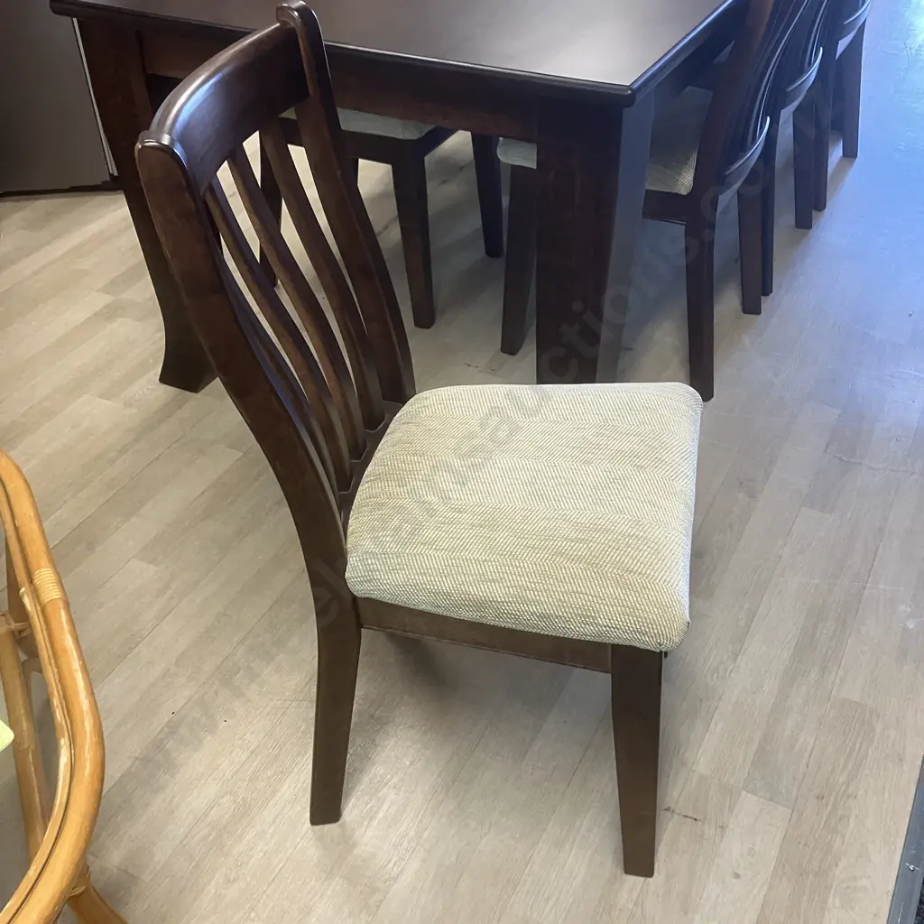 Dark Stained Wooden Rectangular Dining Table (210 x 103cm) With 8 Slat Back Chairs, Green / Cream Flecked Upholstered Image 1++