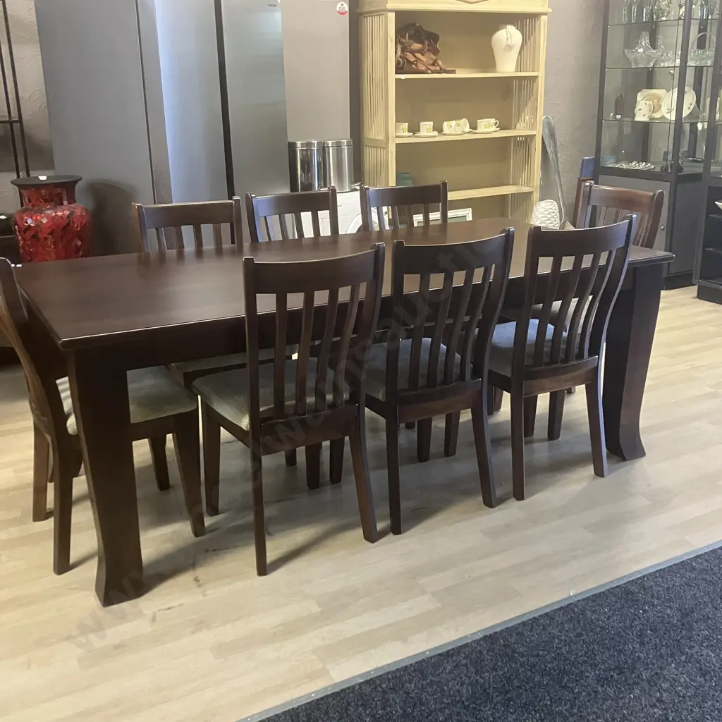 Dark Stained Wooden Rectangular Dining Table (210 x 103cm) With 8 Slat Back Chairs, Green / Cream Flecked Upholstered Image 1++