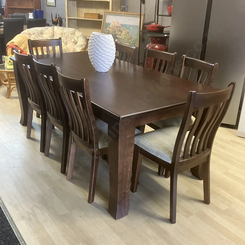 Dark Stained Wooden Rectangular Dining Table (210 x 103cm) With 8 Slat Back Chairs, Green / Cream Flecked Upholstered Image 1++
