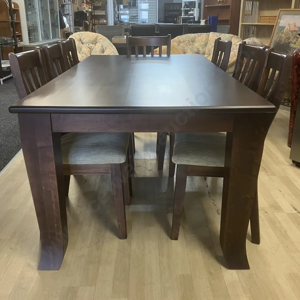 Dark Stained Wooden Rectangular Dining Table (210 x 103cm) With 8 Slat Back Chairs, Green / Cream Flecked Upholstered Image 1++