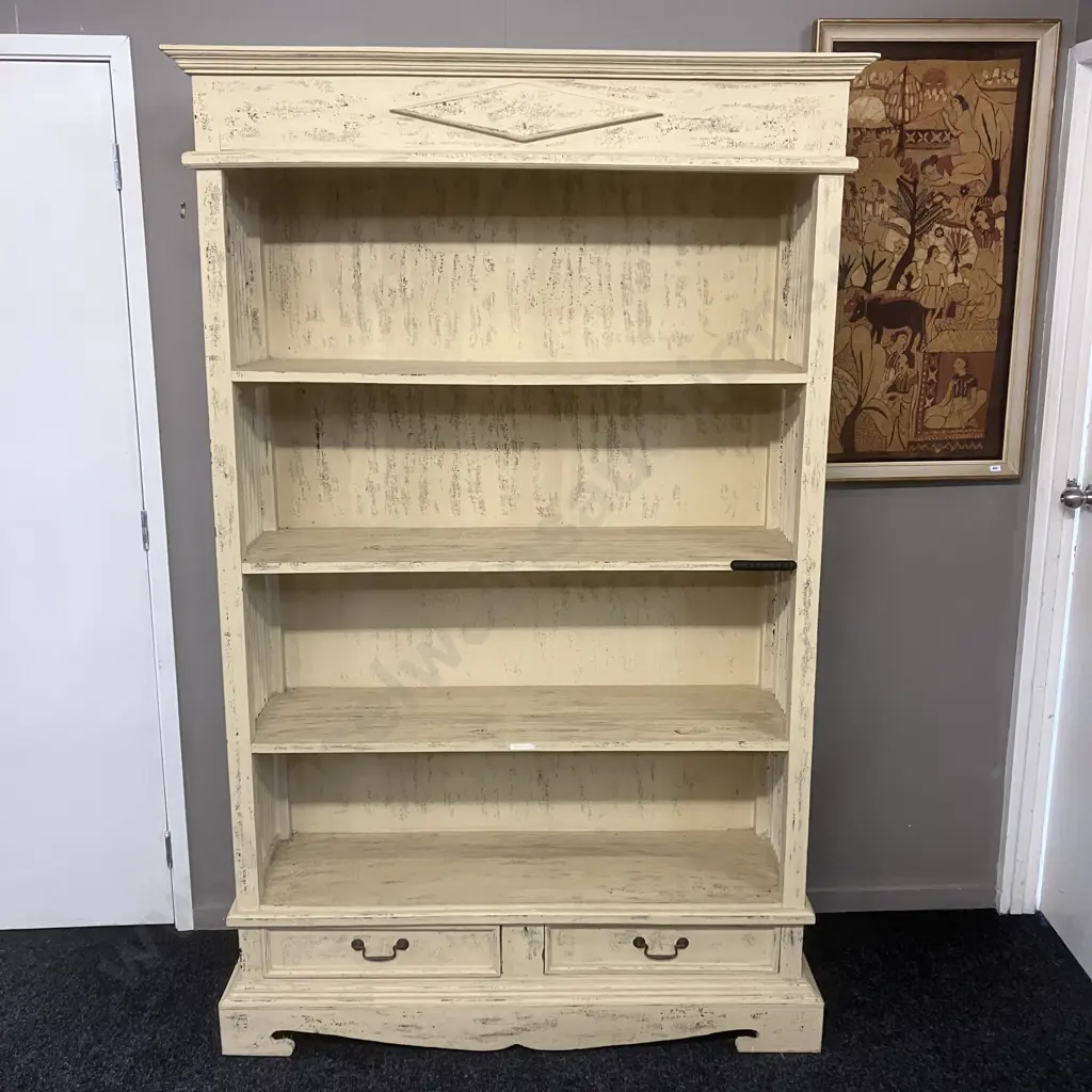 French Provincial Style Cream Painted Bookcase, 3 Fixed Shelves, 2 Drawers In The Base. H196 W124 D39cm Image 1++