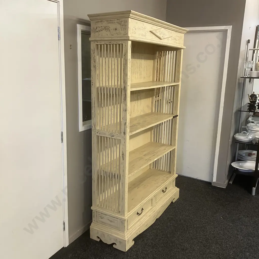 French Provincial Style Cream Painted Bookcase, 3 Fixed Shelves, 2 Drawers In The Base. H196 W124 D39cm Image 1++