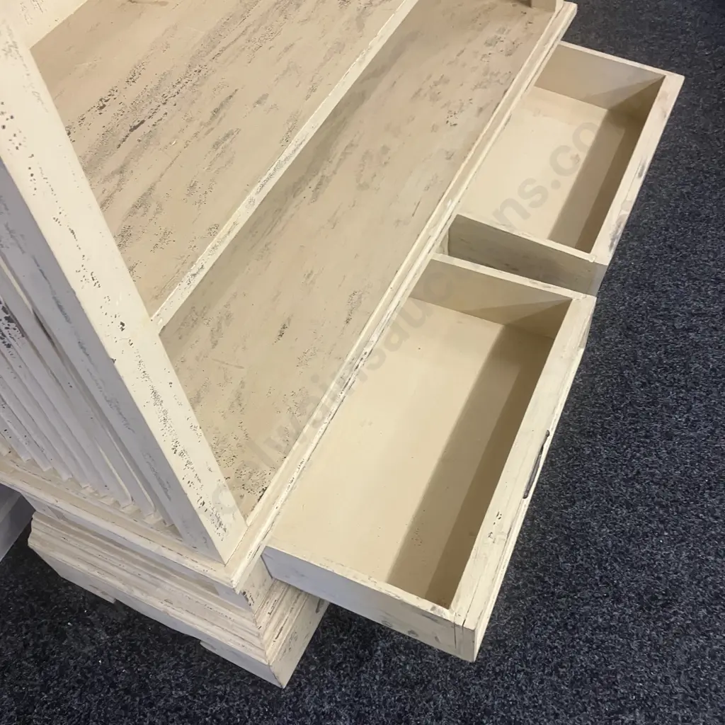 French Provincial Style Cream Painted Bookcase, 3 Fixed Shelves, 2 Drawers In The Base. H196 W124 D39cm Image 1++