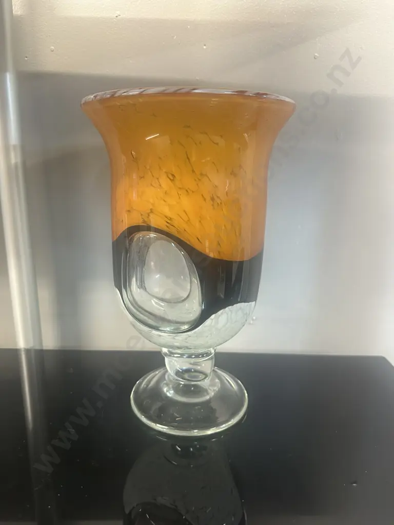 Large Art Glass Footed Vase, Clear Portals With Milky Swirls, Root Beer Colour. H26cm Image 1++