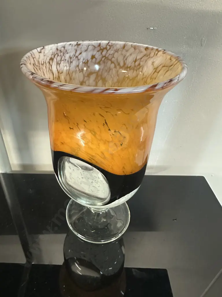 Large Art Glass Footed Vase, Clear Portals With Milky Swirls, Root Beer Colour. H26cm Image 1++