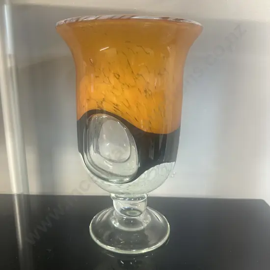 Large Art Glass Footed Vase, Clear Portals With Milky Swirls, Root Beer Colour. H26cm