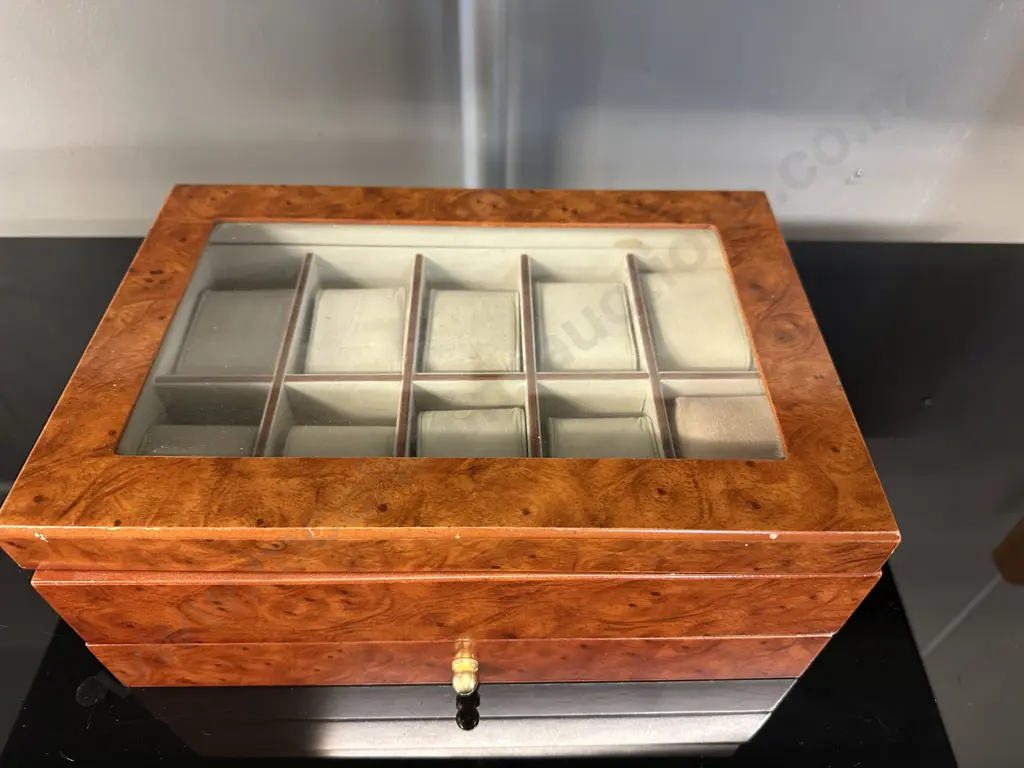 Walnut Look Ten Watch Display Case H12,W30,D20cm.  Image 1++