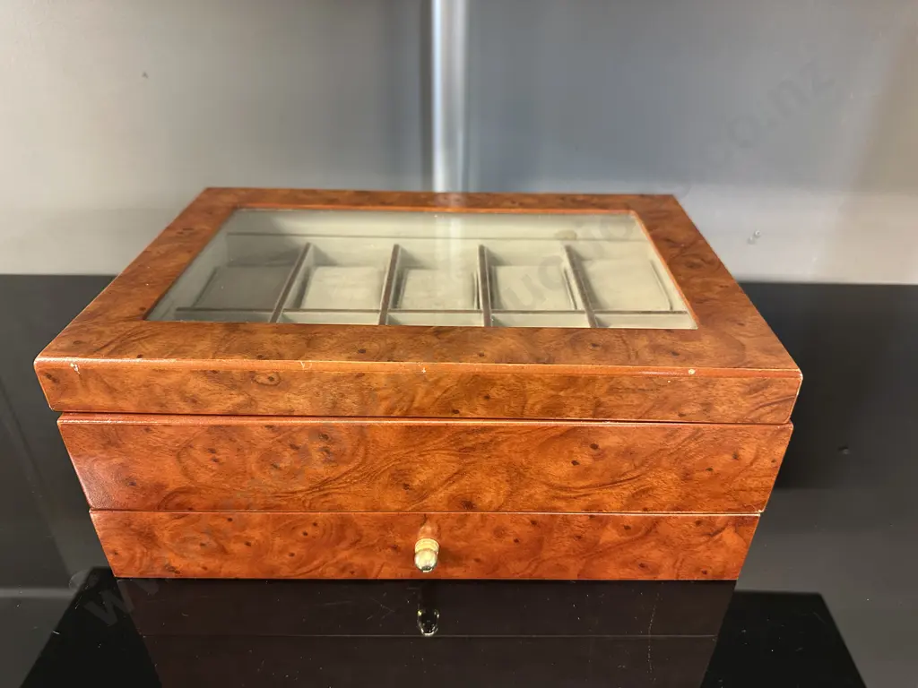Walnut Look Ten Watch Display Case H12,W30,D20cm.  Image 1++