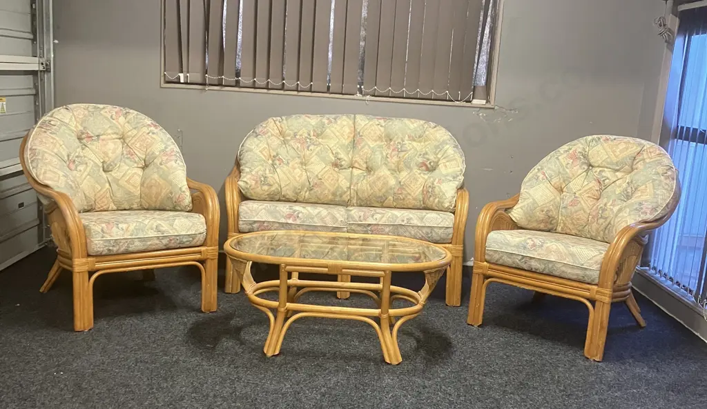 Rattan Two Seater Sofa With 2 Chairs & Glass Topped Coffee Table Image 1++
