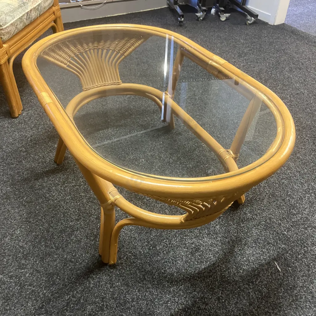 Rattan Two Seater Sofa With 2 Chairs & Glass Topped Coffee Table Image 1++