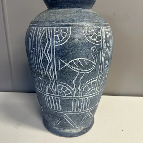 Blue  Pottery Vase Etched Abstract Design H38cm.