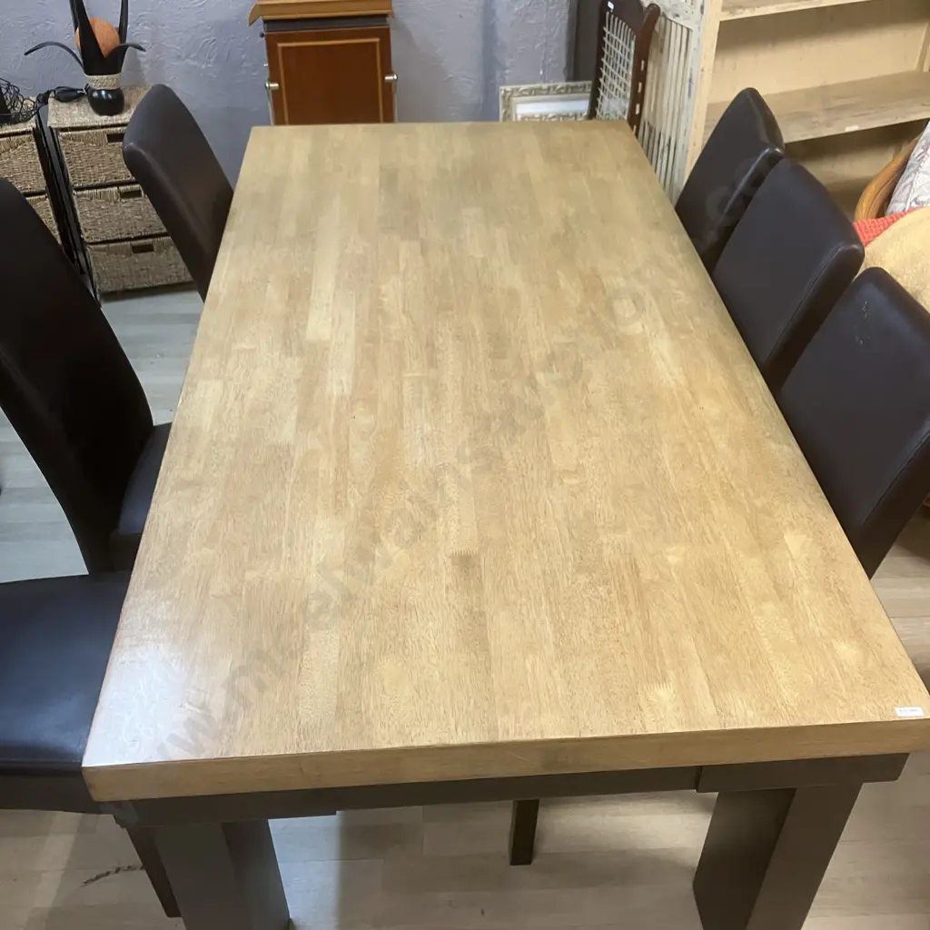 Light & Dark Oak Rectangular Dining Table (200 x 100cm) & 6 Chocolate Brown PU Leather Dining Chairs (1 Chair As Found) Image 1++