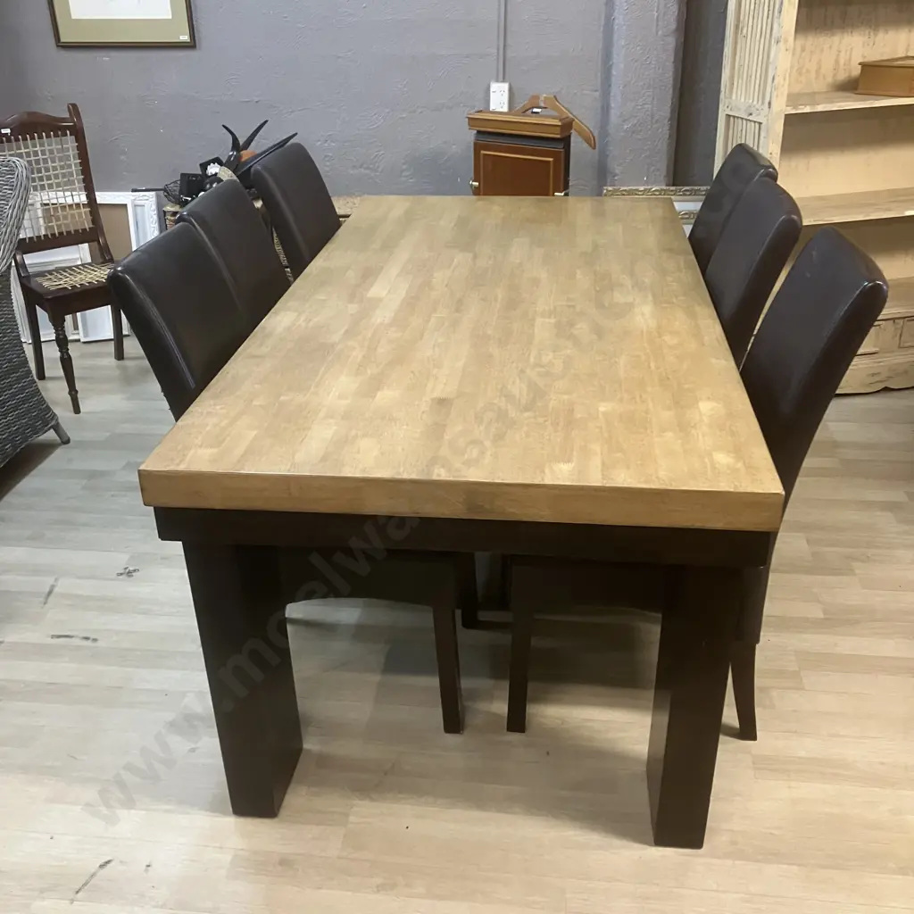 Light & Dark Oak Rectangular Dining Table (200 x 100cm) & 6 Chocolate Brown PU Leather Dining Chairs (1 Chair As Found) Image 1++