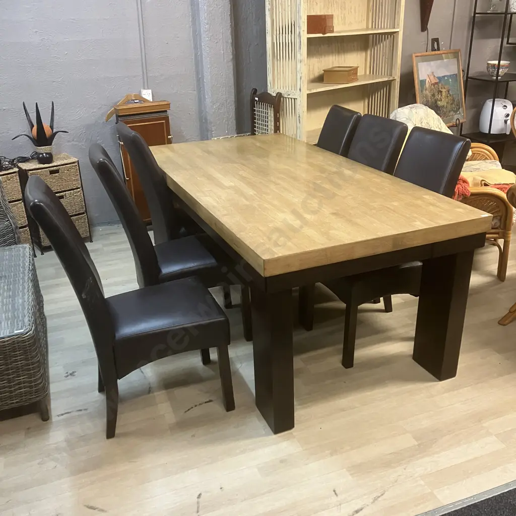 Light & Dark Oak Rectangular Dining Table (200 x 100cm) & 6 Chocolate Brown PU Leather Dining Chairs (1 Chair As Found) Image 1++