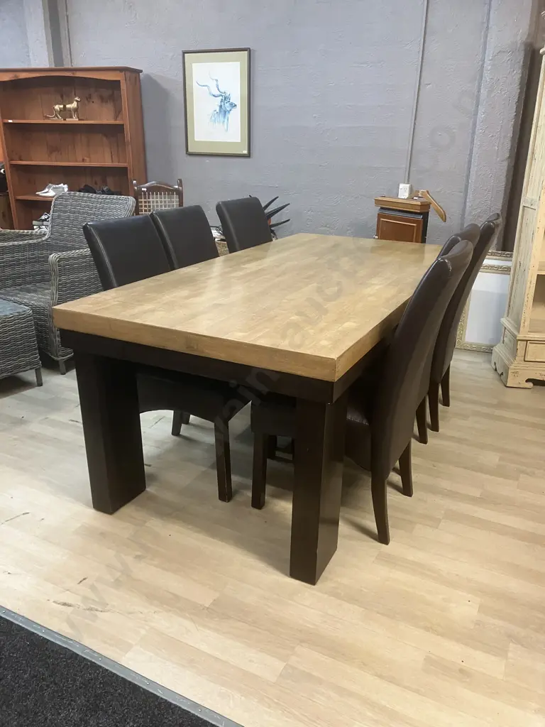Light & Dark Oak Rectangular Dining Table (200 x 100cm) & 6 Chocolate Brown PU Leather Dining Chairs (1 Chair As Found) Image 1++