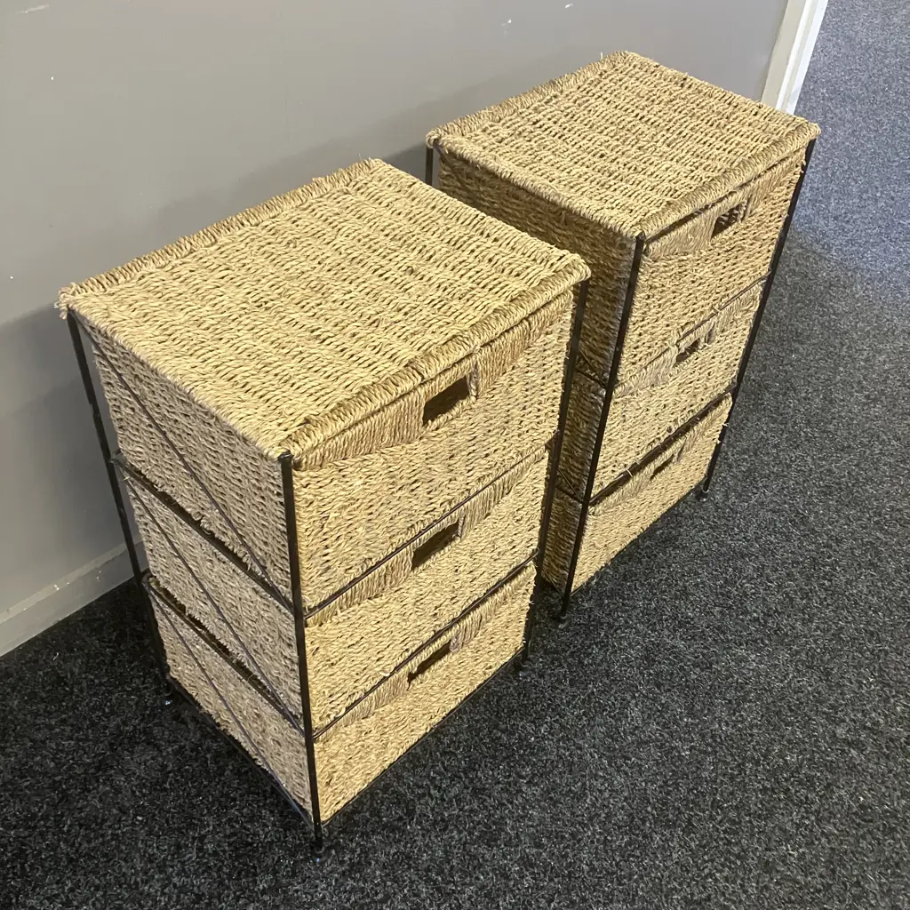 Pair of Seagrass 3 Drawer Storage Units. H62.5 W38 D30cm Image 1++