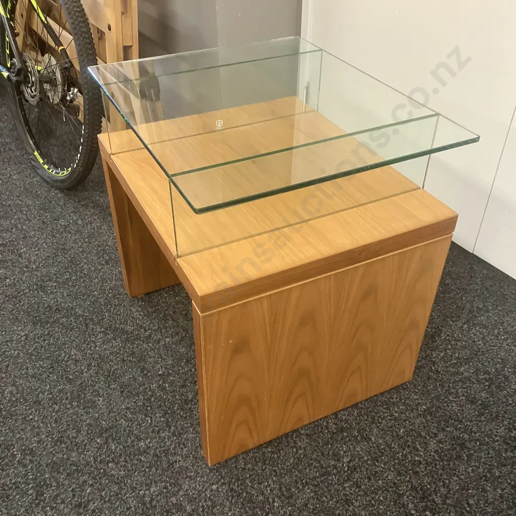 Wood Effect With Glass Side Table. H61 W60 D50cm (Missing Veneer Of Back Leg) Image 1++