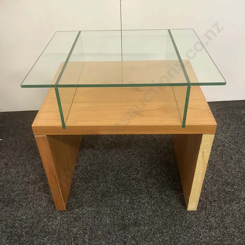 Wood Effect With Glass Side Table. H61 W60 D50cm (Missing Veneer Of Back Leg) Image 1++