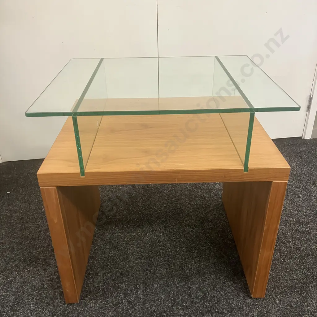 Wood Effect With Glass Side Table. H61 W60 D50cm (Missing Veneer Of Back Leg) Image 1++