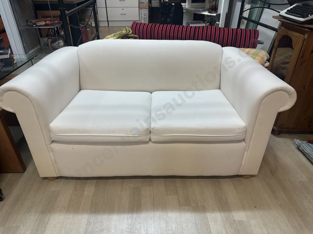 White Fabric 2 Seater Sofa, Rolled Arms, Wooden Bun Feet. 150 x 83cm Image 1++