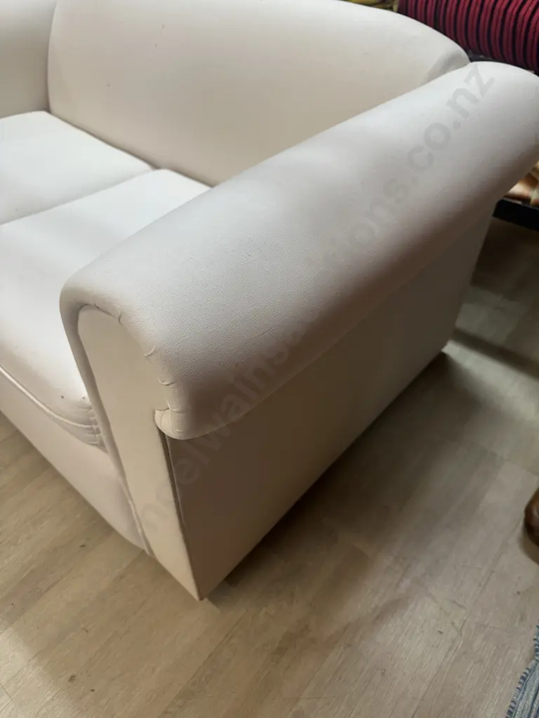 White Fabric 2 Seater Sofa, Rolled Arms, Wooden Bun Feet. 150 x 83cm Image 1++