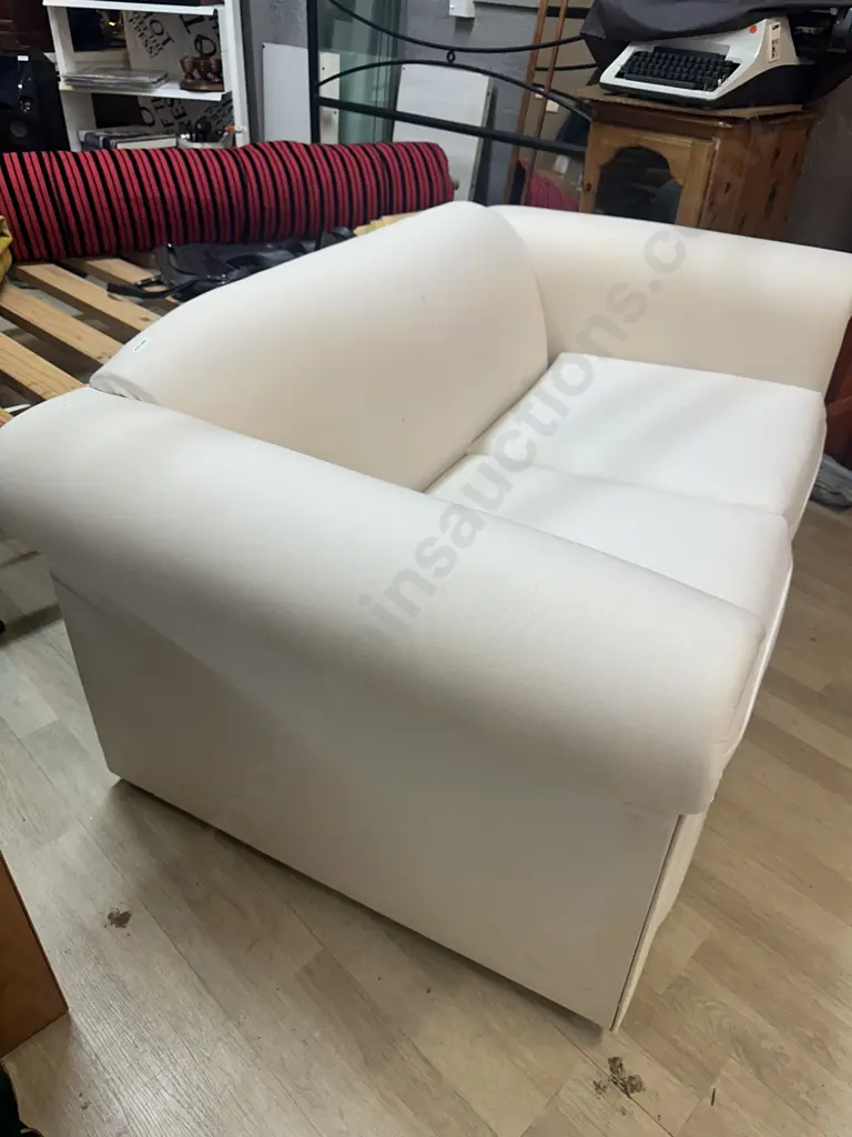White Fabric 2 Seater Sofa, Rolled Arms, Wooden Bun Feet. 150 x 83cm Image 1++