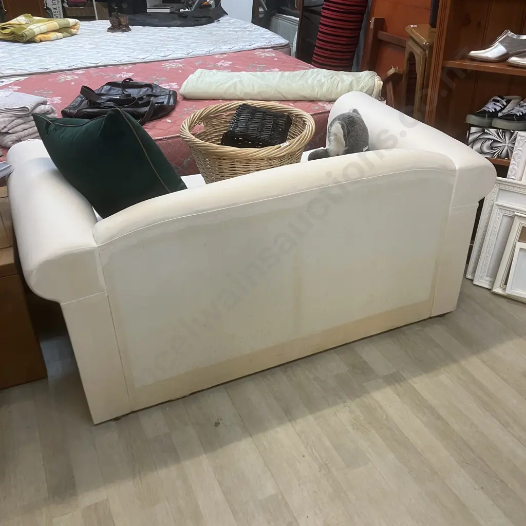 White Fabric 2 Seater Sofa, Rolled Arms, Wooden Bun Feet. 150 x 83cm Image 1++