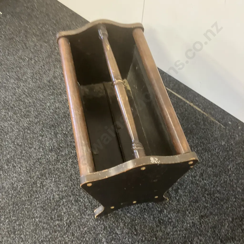 Mid Century Wood & Carved leather Magazine Rack. H38 W51.5 D29.5cm Image 1++