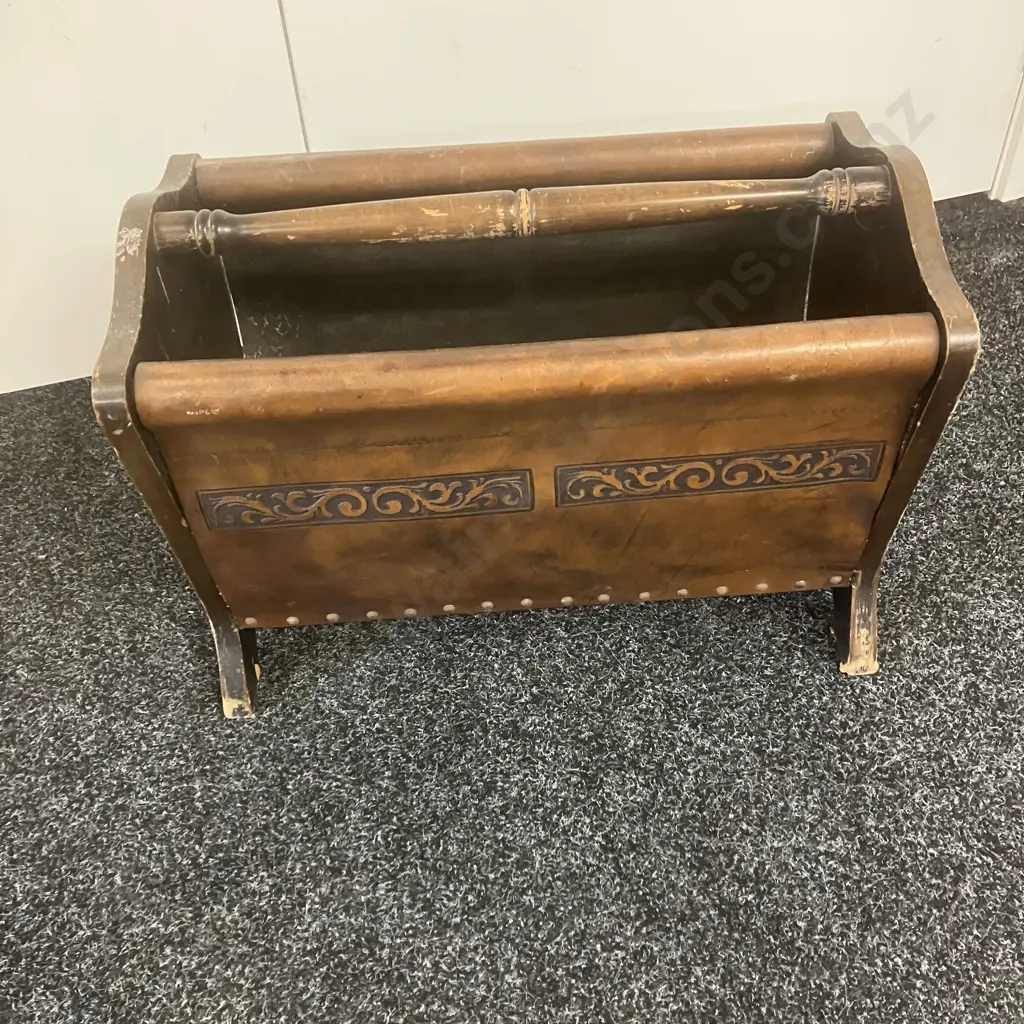 Mid Century Wood & Carved leather Magazine Rack. H38 W51.5 D29.5cm Image 1++