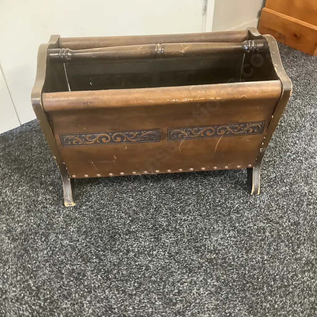 Mid Century Wood & Carved leather Magazine Rack. H38 W51.5 D29.5cm Image 1++