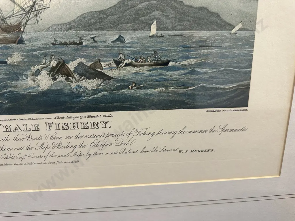 Magnificent Large Framed South Sea Whale Fishery Reproduction Print WJ Huggins Marine Painter To Her Majesty 86x98cm. Image 1++