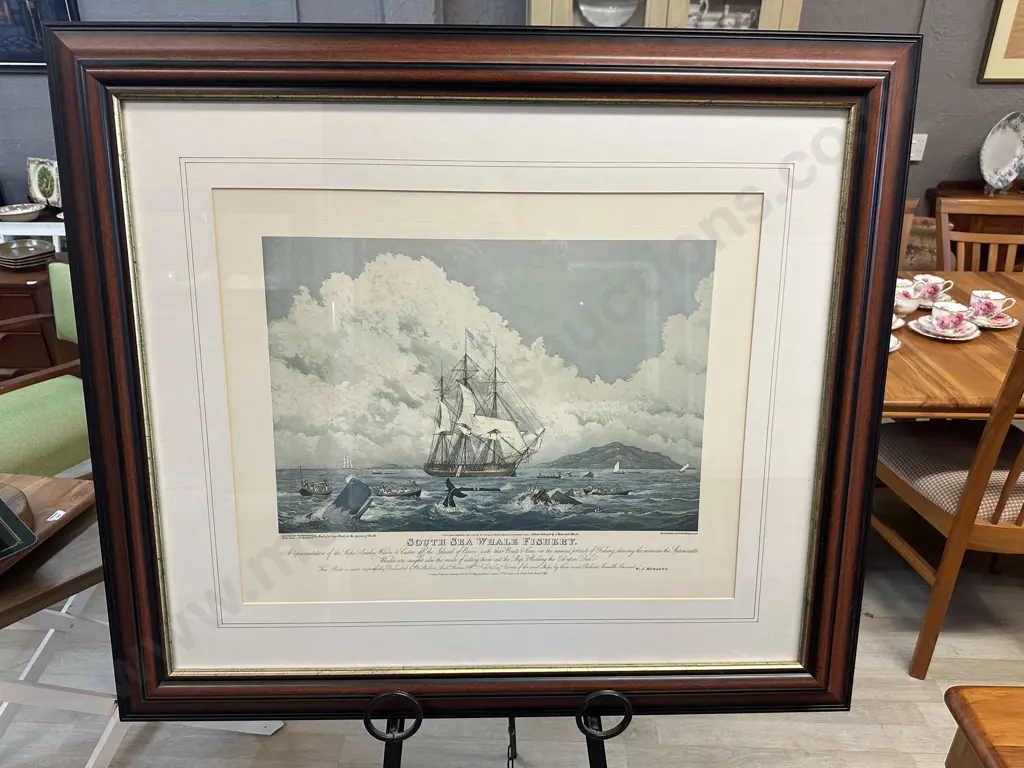 Magnificent Large Framed South Sea Whale Fishery Reproduction Print WJ Huggins Marine Painter To Her Majesty 86x98cm. Image 1++