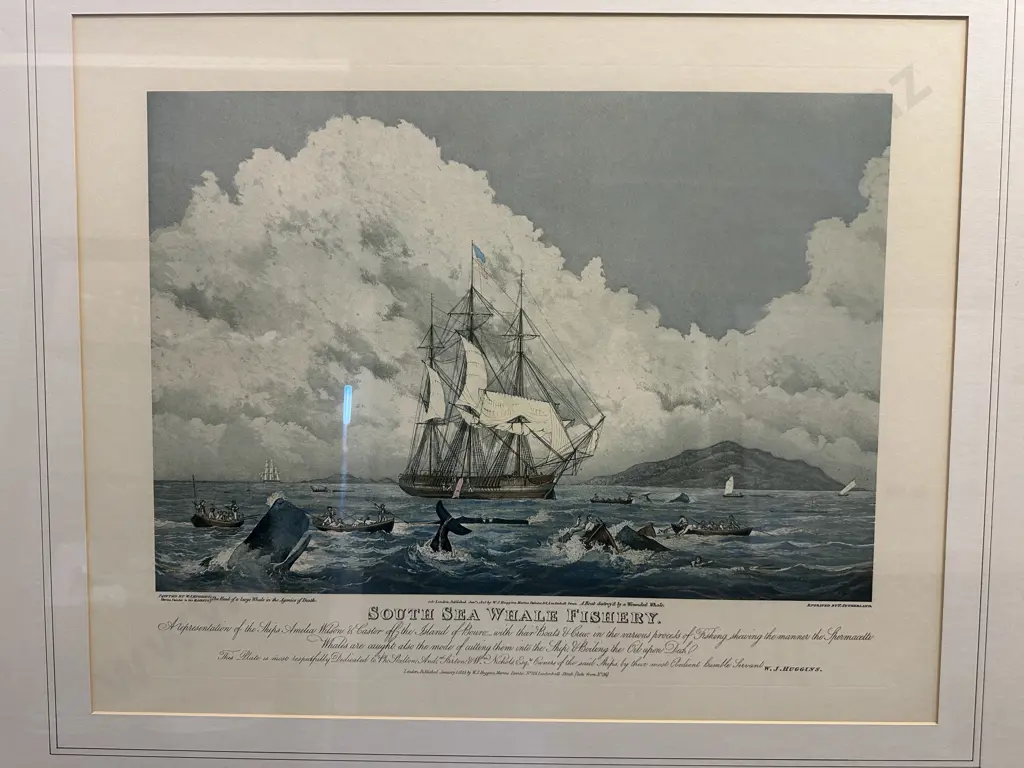 Magnificent Large Framed South Sea Whale Fishery Reproduction Print WJ Huggins Marine Painter To Her Majesty 86x98cm. Image 1++