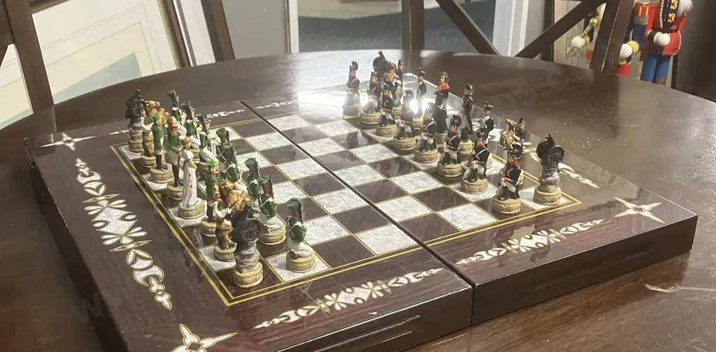 Napoleon vs Russians Hand-Painted Resin Chess Set & Backgammon Game, Folding Game Boards Case Image 1++