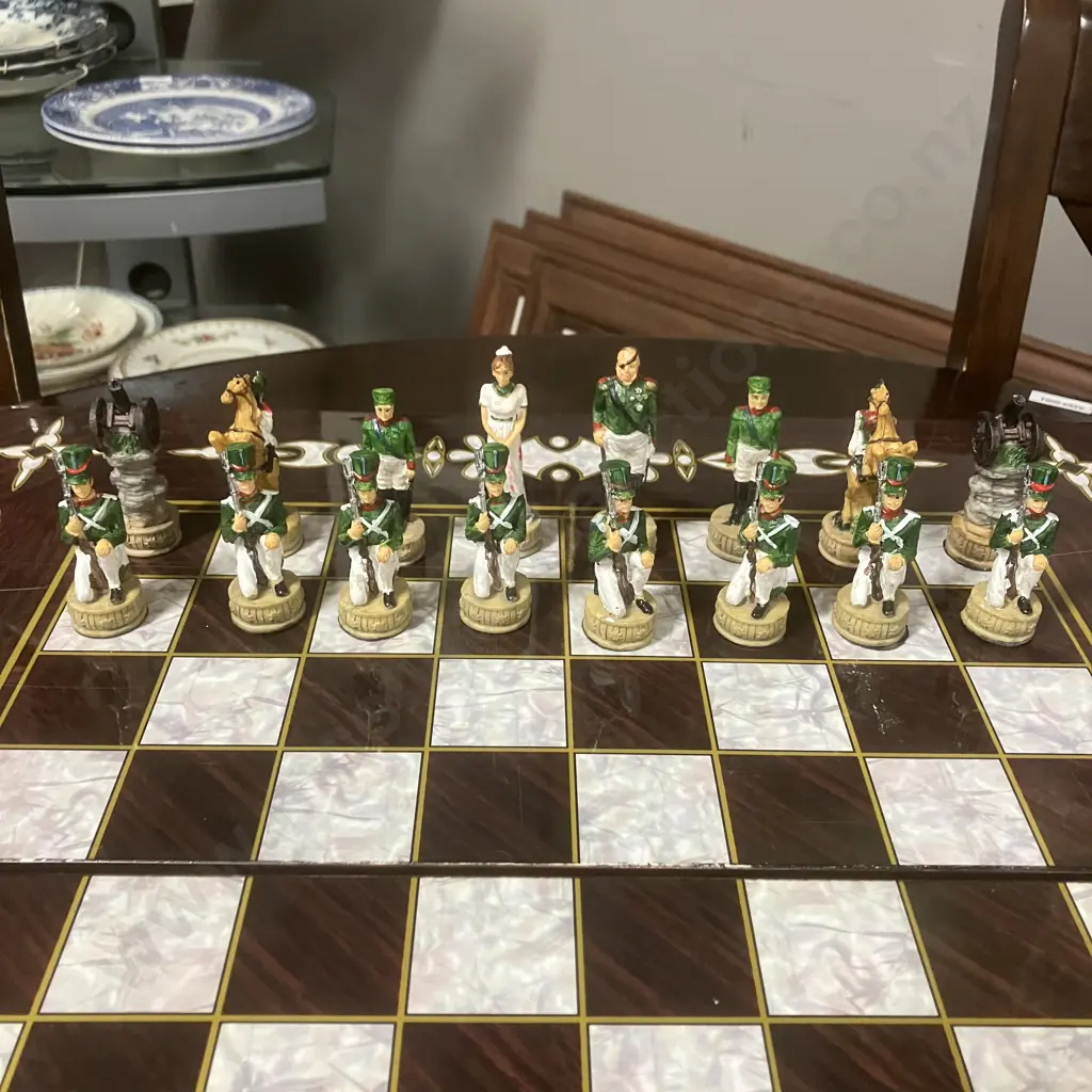 Napoleon vs Russians Hand-Painted Resin Chess Set & Backgammon Game, Folding Game Boards Case Image 1++
